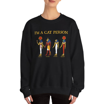 Person wearing a black sweatshirt with 'I'm a Cat Person' text and cat-themed graphics on a white background