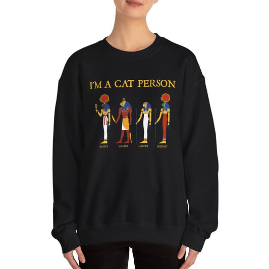 Person wearing a black sweatshirt with 'I'm a Cat Person' text and cat-themed graphics on a white background