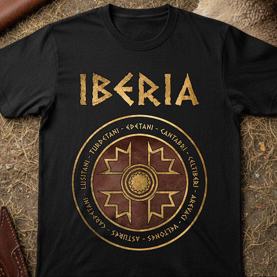 Black t-shirt with 'IBERIA' design on a textured surface