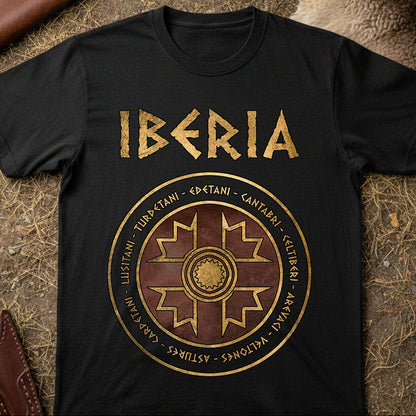 Black t-shirt with 'IBERIA' design on a textured surface