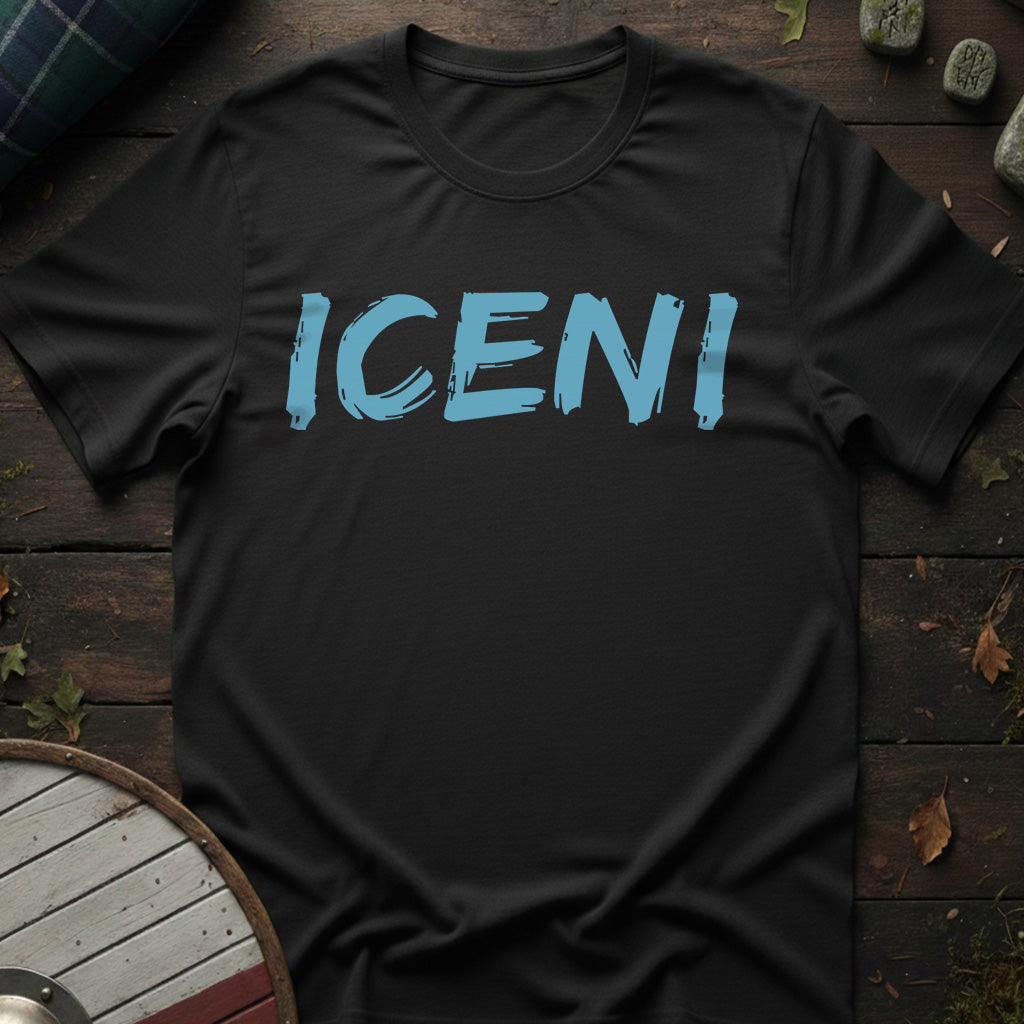 Black t-shirt with 'ICENI' printed in blue on a wooden surface.