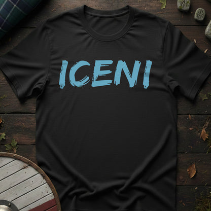Black t-shirt with 'ICENI' printed in blue on a wooden surface.
