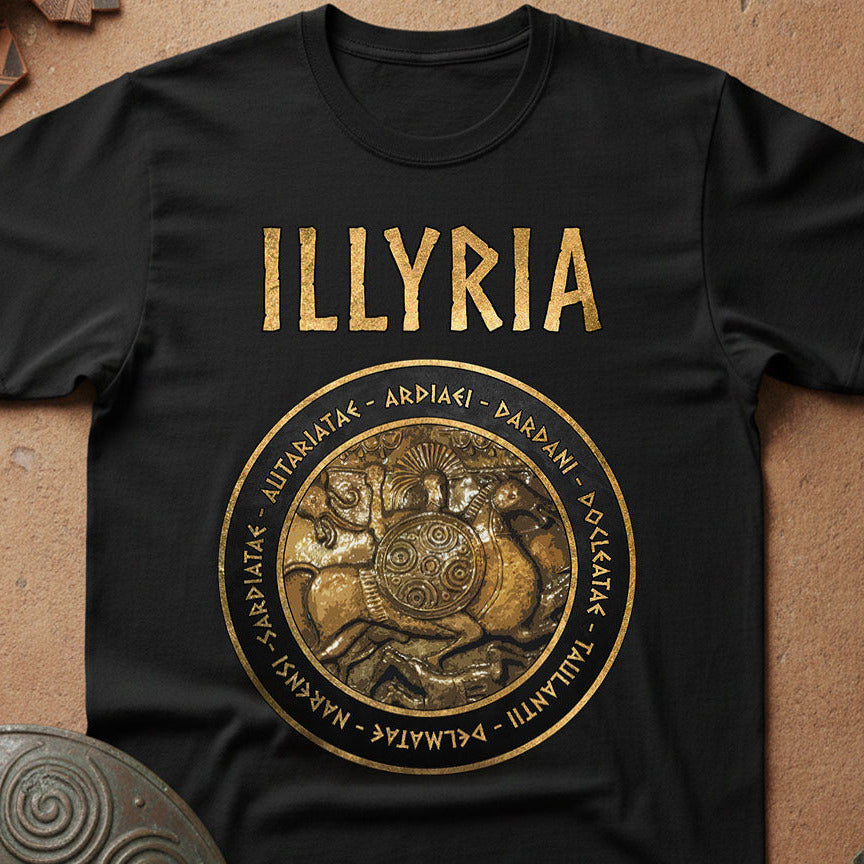 Black t-shirt with gold 'ILLYRIA' design on a textured surface