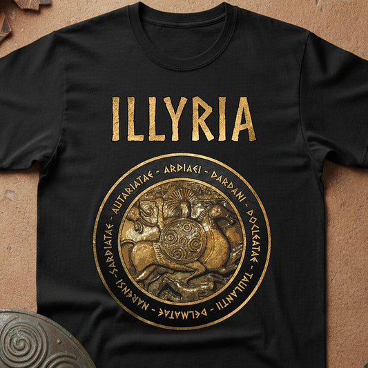 Black t-shirt with gold 'ILLYRIA' design on a textured surface