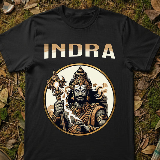 Black t-shirt with 'INDRA' graphic design on a natural background