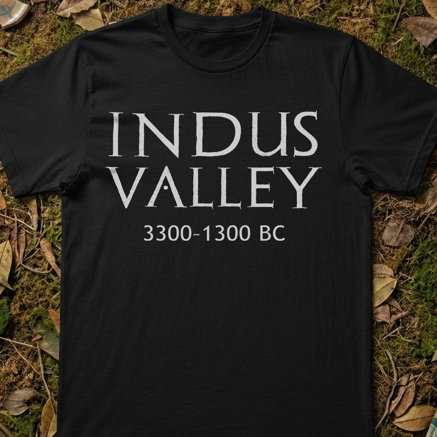 Black t-shirt with 'INDUS VALLEY 3300-1300 BC' text on a natural background