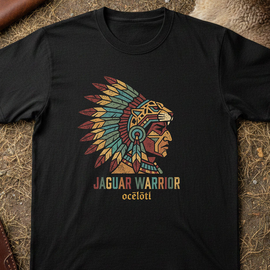 Black t-shirt with a colorful jaguar warrior design on a textured surface