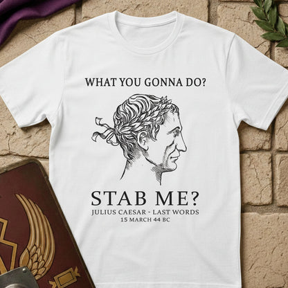 White t-shirt with a graphic of Julius Caesar and humorous text on a stone surface.