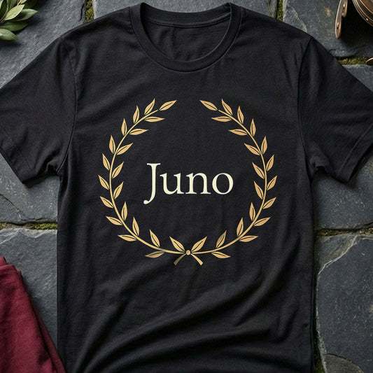 Black t-shirt with 'Juno' design on a stone surface