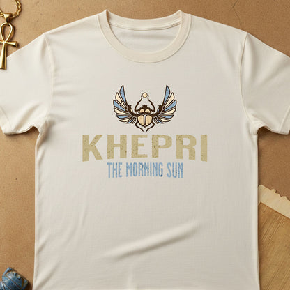 White t-shirt with Khepri design and text on a brown background