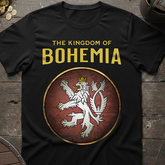 Black t-shirt with 'The Kingdom of Bohemia' design featuring a lion emblem on a wooden surface.