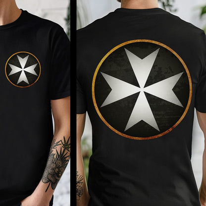 A black short-sleeve T-shirt shown from both front and back on a model. The front has a small white geometric emblem inside a gold circle on the left chest, and the back has a large matching white geometric emblem inside a gold circle. Knights Hospitaller Double Sided T-shirt