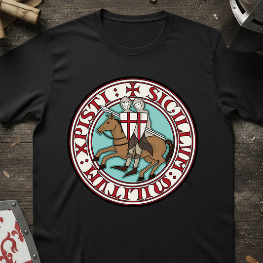 Black t-shirt with a round emblem featuring two Black Templar knights on horseback and a shield on a wooden surface.