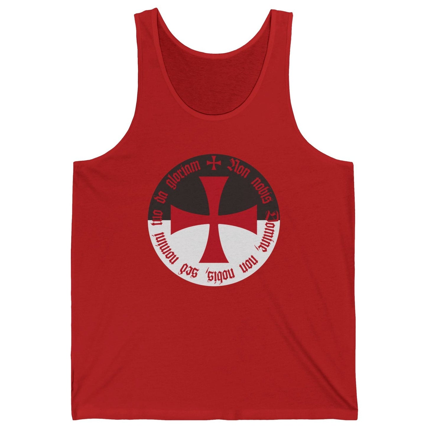 Red knights templar tank top with a black and white logo on a white background