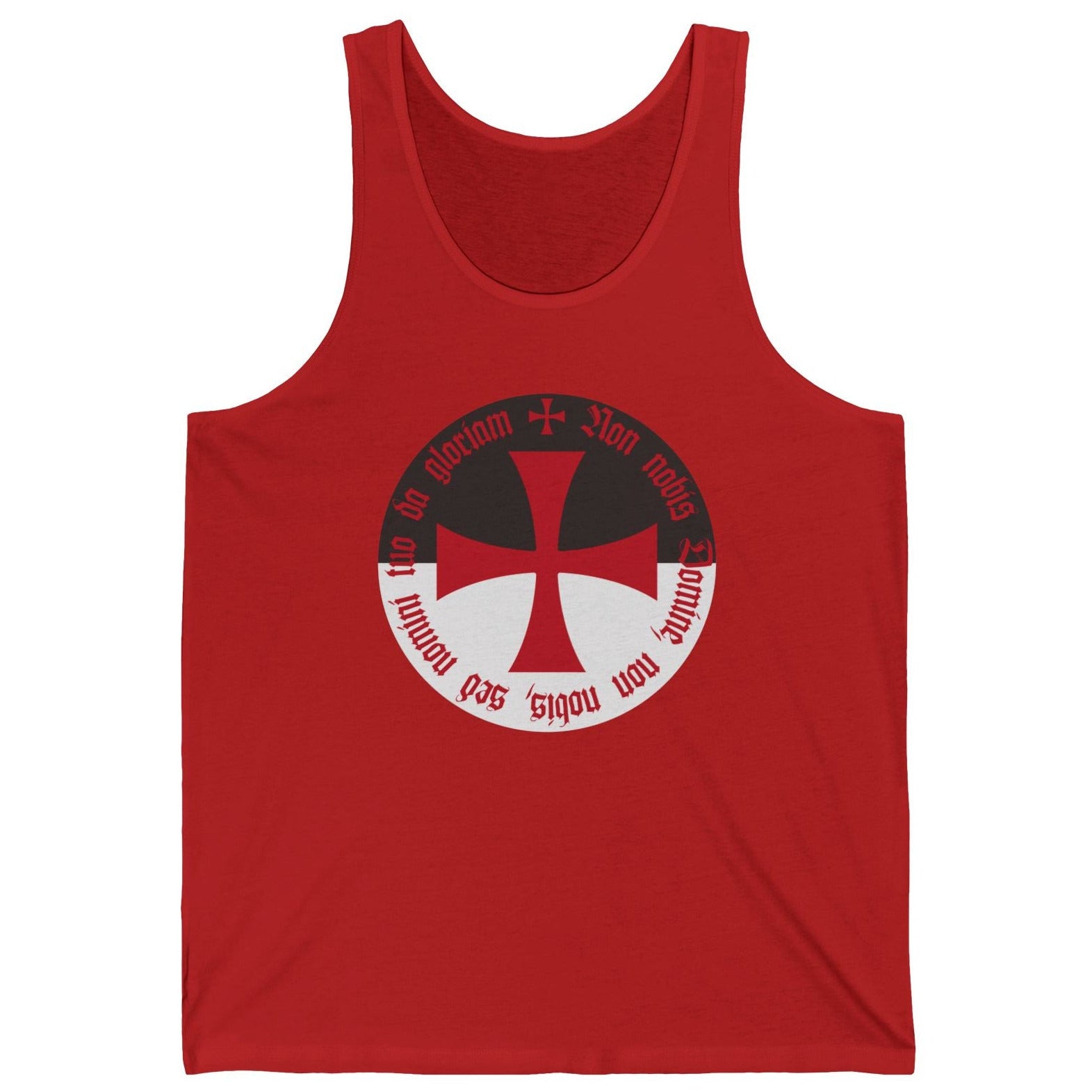 Red knights templar tank top with a black and white logo on a white background