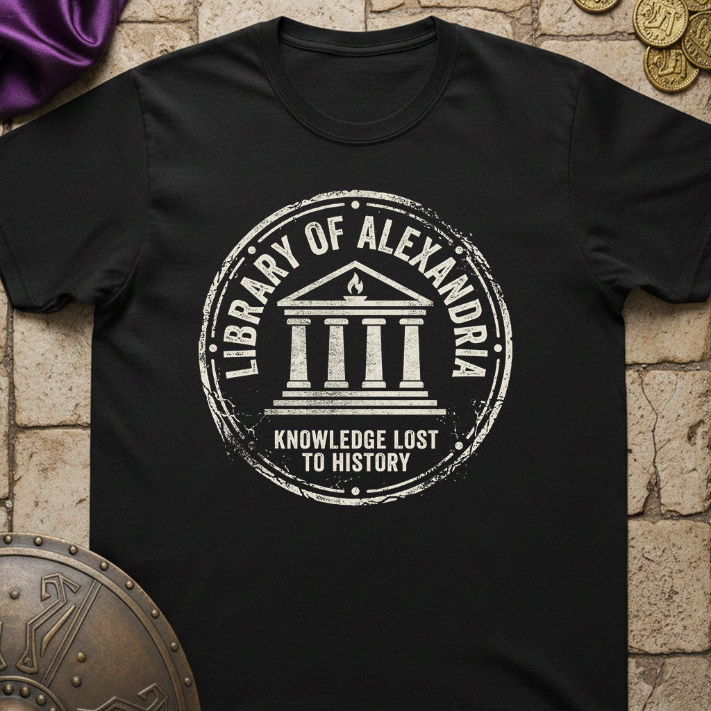 A black short-sleeve T-shirt laid flat on a stone-textured background, featuring a large distressed white circular graphic that reads 'LIBRARY OF ALEXANDRIA' around a classical building and 'KNOWLEDGE LOST TO HISTORY' below.