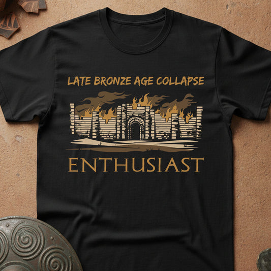 Black t-shirt with 'Late Bronze Age Collapse Enthusiast' graphic design on a textured surface.
