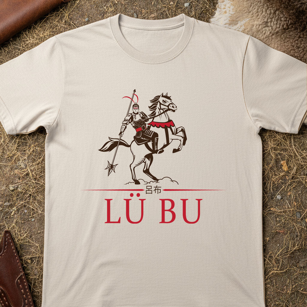 Beige t-shirt with a graphic of a warrior on a horse and 'Láňğnáżk' text on a textured surface.