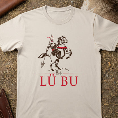Beige t-shirt with a graphic of a warrior on a horse and 'Láňğnáżk' text on a textured surface.