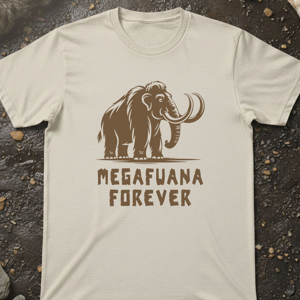Beige t-shirt with brown mammoth graphic and 'MEGAFUANA FOREVER' text on a textured surface.