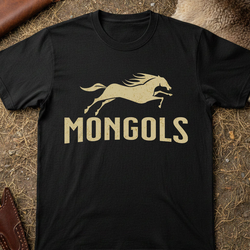 Black t-shirt with gold horse graphic and 'Mongols' text on a textured surface