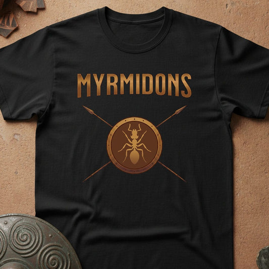A black short-sleeve t-shirt laid flat on a textured brown surface, featuring a bronze-colored graphic with the word 'MYRMIDONS' above a circular shield and ant design with crossed arrows.