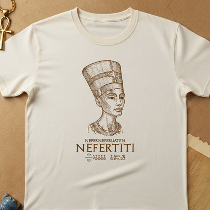 White t-shirt with a graphic of Nefertiti and text on a brown background