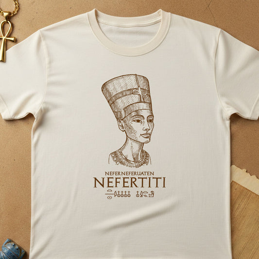 White t-shirt with a graphic of Nefertiti and text on a brown background