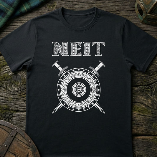 Black t-shirt with 'NEIT' design featuring a shield and swords on a wooden surface.