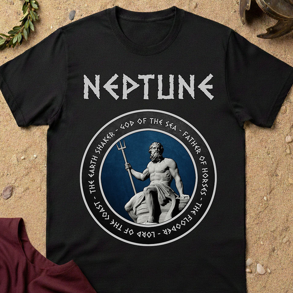 Black t-shirt with Neptune graphic and text on a textured surface