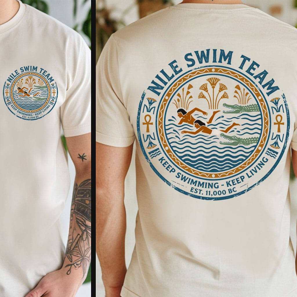 A split view of a cream-colored t-shirt showing the front and back. The front features a small circular blue and gold graphic reading 'NILE SWIM TEAM'.