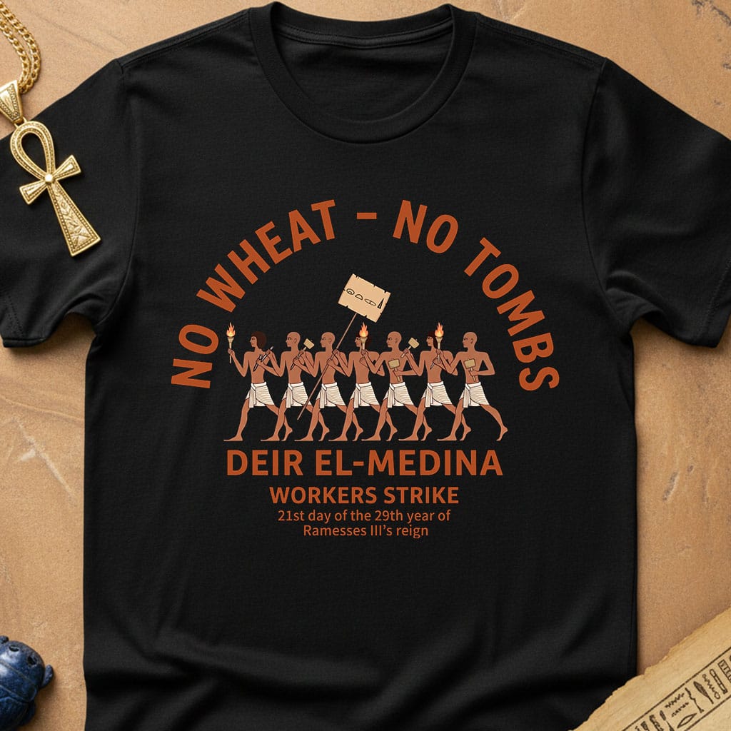 A black graphic t-shirt laid flat on a textured tan background with decorative props including an Egyptian ankh necklace, a blue stone, and paper. The shirt features an orange and brown graphic of workers marching with a sign, accompanied by text reading 'NO WHEAT - NO TOMBS' and 'DEIR EL-MEDINA WORKERS STRIKE'.