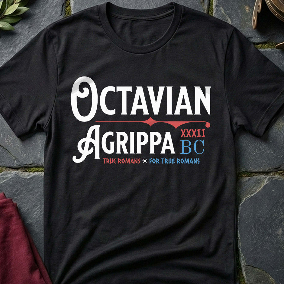 Black t-shirt with 'Octavian Agrippa BC' text on a stone surface