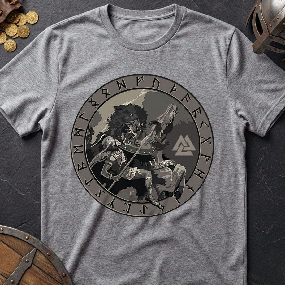 Gray t-shirt with Viking design Odin Fenrir and runes on a dark surface with Viking accessories.