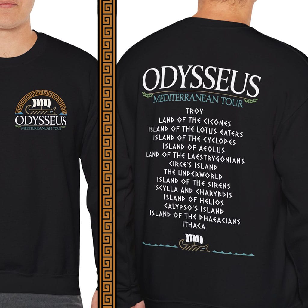 A person wearing a black long-sleeve sweatshirt shown from both front and back. The front has a circular Odyssey Mediterranean Travel Company logo on the left chest.