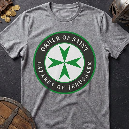 Gray t-shirt with 'Order of Saint Lazarus of Jerusalem' logo on a dark surface.