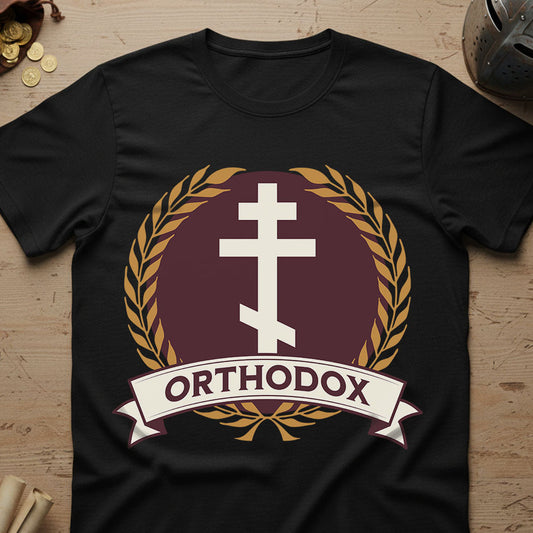 Black t-shirt with Orthodox cross design on a wooden surface