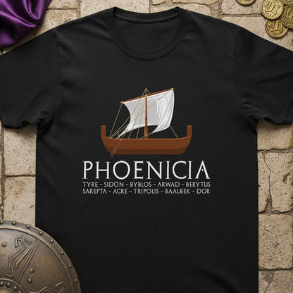 A black short-sleeve graphic T-shirt laid flat on a stone-textured background with decorative props. The shirt features a brown and white ancient sailing ship illustration above the word 'PHOENICIA' in large white letters, with additional white text listing locations below.