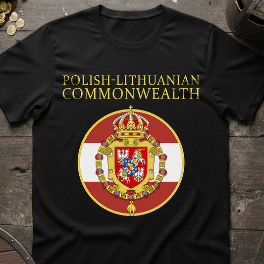 Black t-shirt with 'Polish-Lithuanian Commonwealth' design on a wooden surface.