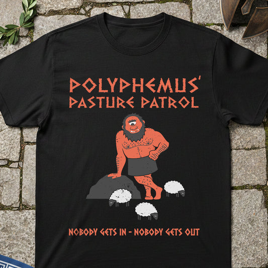 Black t-shirt with a graphic design of Polyphemus of the Odyssey a creature and text on a stone surface