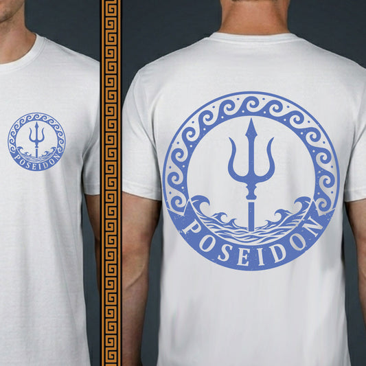 White t-shirt with blue 'Poseidon' design on front and back