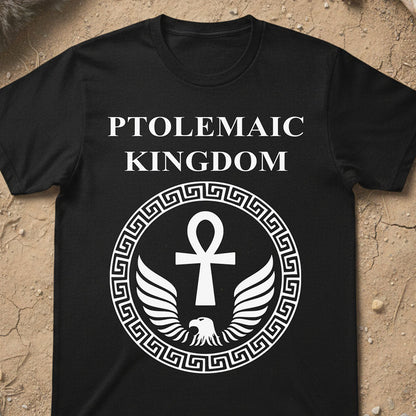 Black t-shirt with 'Ptolemaic Kingdom' text and ankh symbol on a textured beige background