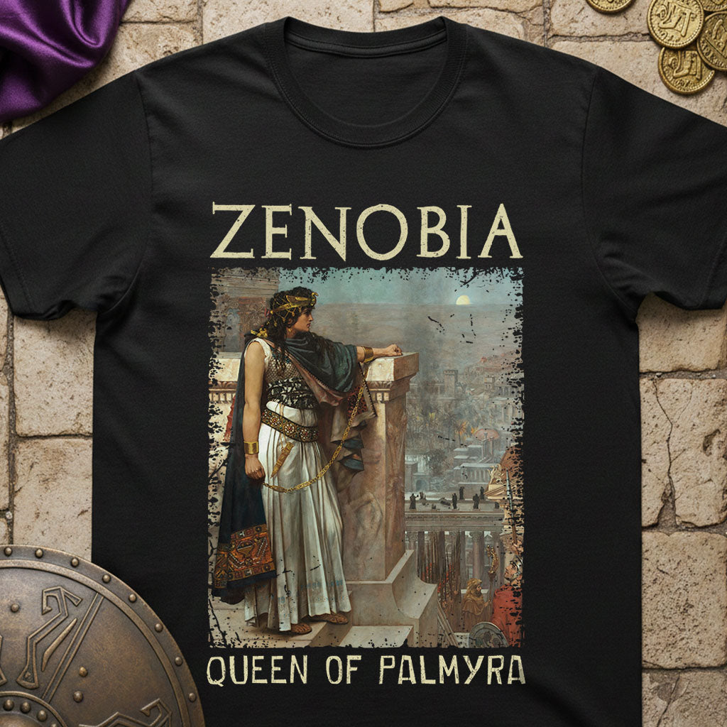 Black t-shirt with a graphic of Zenobia, Queen of Palmyra, on a stone wall background.