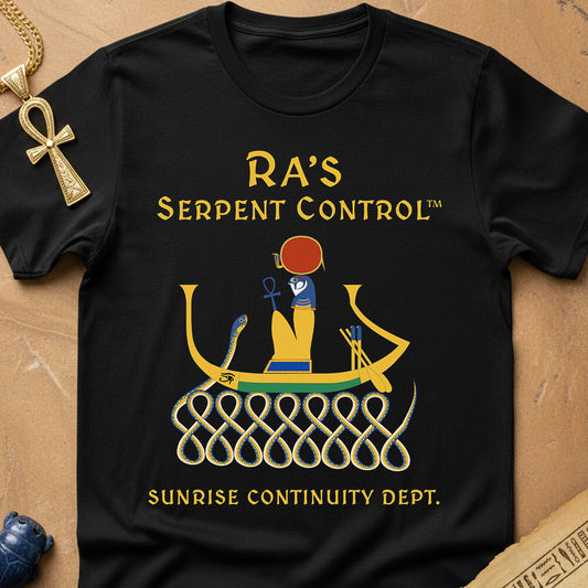Black t-shirt with 'Ra's Serpent Control' design on a brown surface