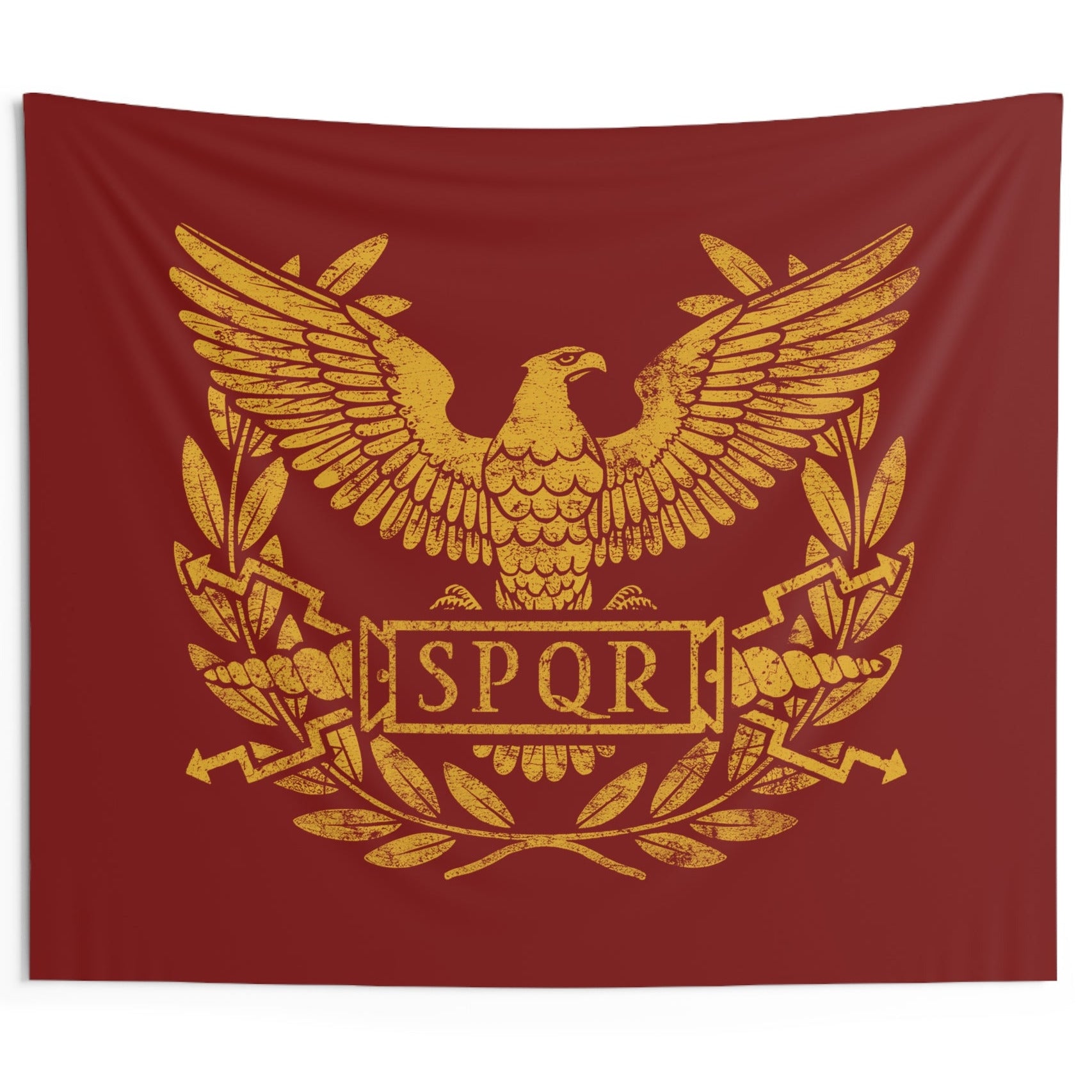 Red tapestry with gold eagle and 'SPQR' emblem on a white background