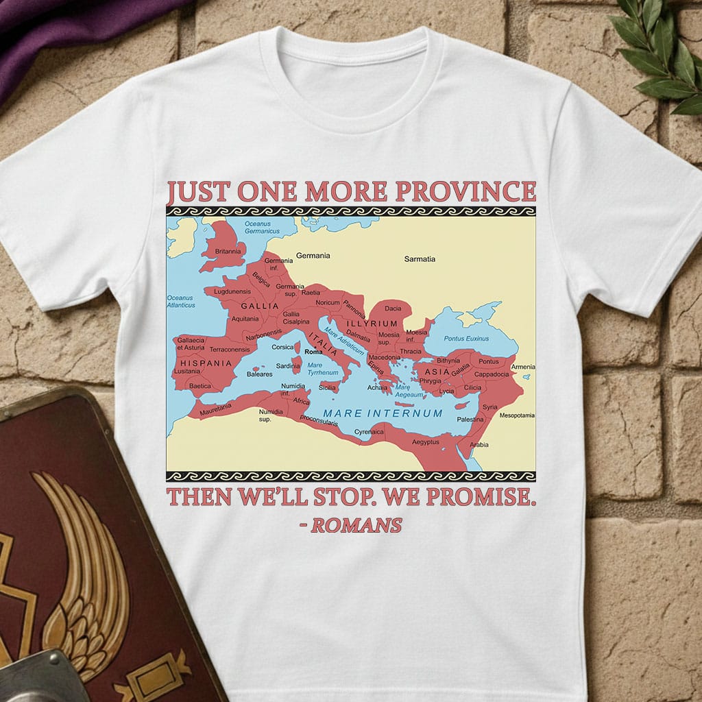 A white short-sleeve graphic T-shirt laid flat on a tan brick surface, featuring a vintage-style map of ancient Rome in red, beige, and blue, with the text 'JUST ONE MORE PROVINCE' at the top and 'THEN WE'LL STOP, WE PROMISE. -ROMANS' at the bottom.