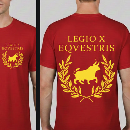 A red short-sleeve T-shirt shown on a cropped male model, with the front and back views side by side. The shirt features a large yellow bull and laurel wreath graphic on the back, with the text 'LEGIO X EQUESTRIS' above it.