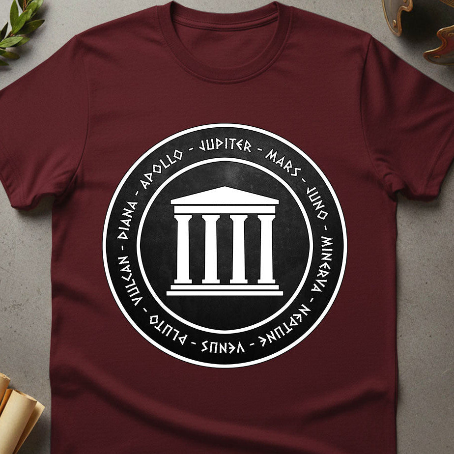 roman gods and goddesses Maroon t-shirt with a black circular design featuring classical architecture and text on a gray surface.