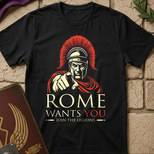 Black t-shirt with Roman warrior graphic and 'Rome Wants You' text on a stone surface.