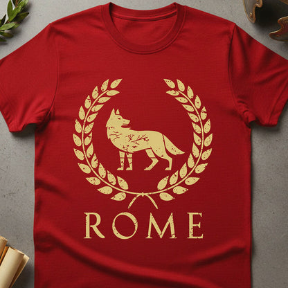 Red t-shirt with gold wolf and 'ROME' design on a gray surface.